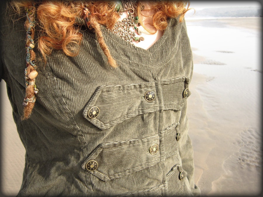 GREEN AURORA JACKET - Steampunk Hoodie- Tribal faery pixie Boho Hippie - Corduroy and Fleece - Medium