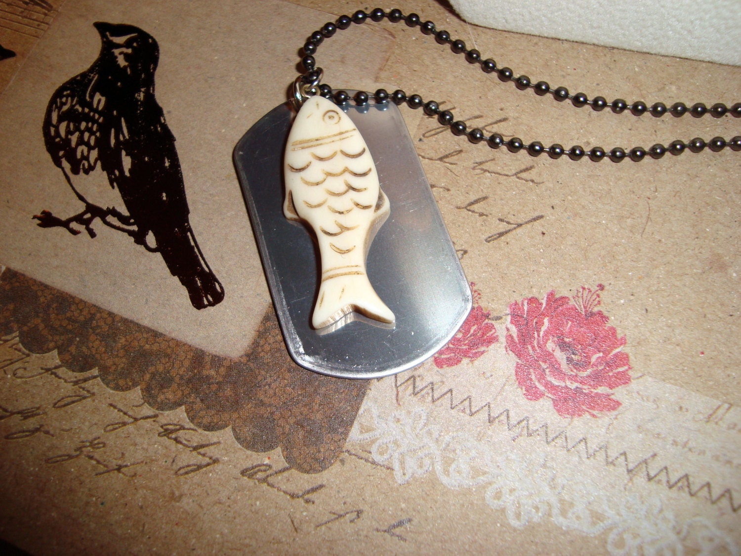 Unisex NECKLACE: Ivory Resin Fish with a Silver Dog Tag Necklace - Can Be Stamped For You