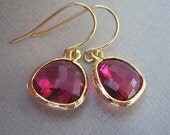 Drop Earrings, Ruby, Fuschia Earrings, Glass, Gold Earrings, Hot pink earrings