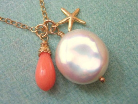 Peach Coral and Coin Pearl Necklace with Starfish, Beach Necklace