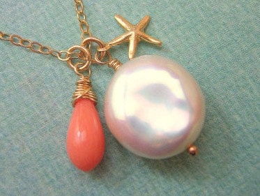 Peach Coral and Coin Pearl Necklace with Starfish, Beach Necklace