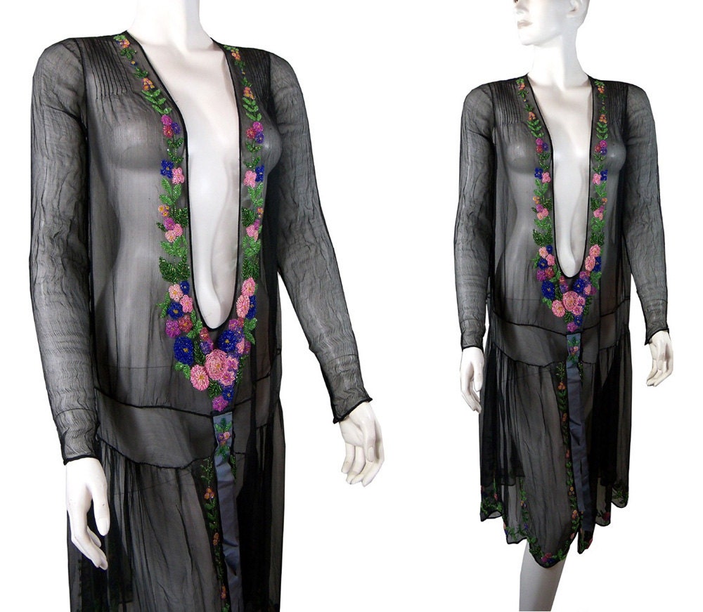 Stunning Antique Black with Colorful Glass Bead Flowers 1920s Flapper Dress - PinkyAGoGo