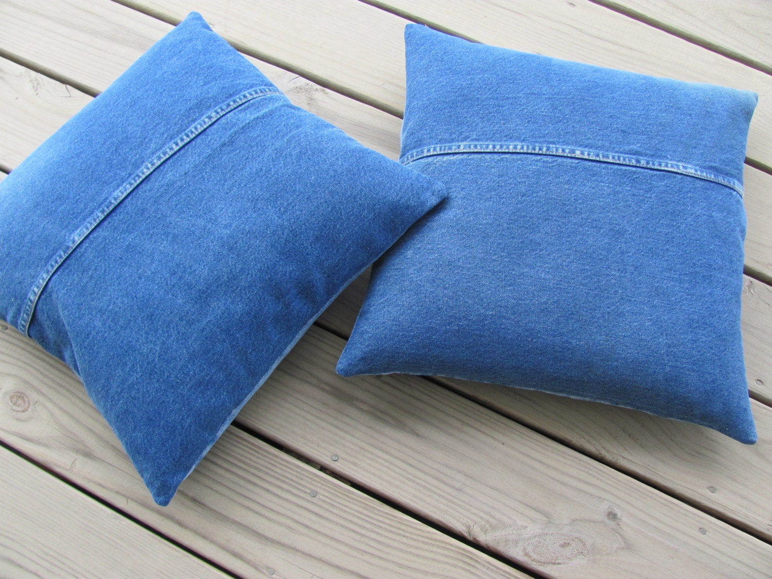 2 Recycled Denim 18 inch square Pillows Covers Cushion upcycled blue jeans
