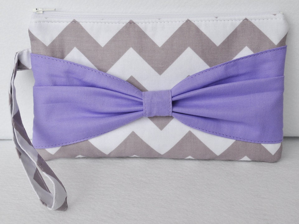 Chevron Bow Clutch in Gray and Lavender Bridesmaids Gift Bridal Gift Preppy Grey Chevron