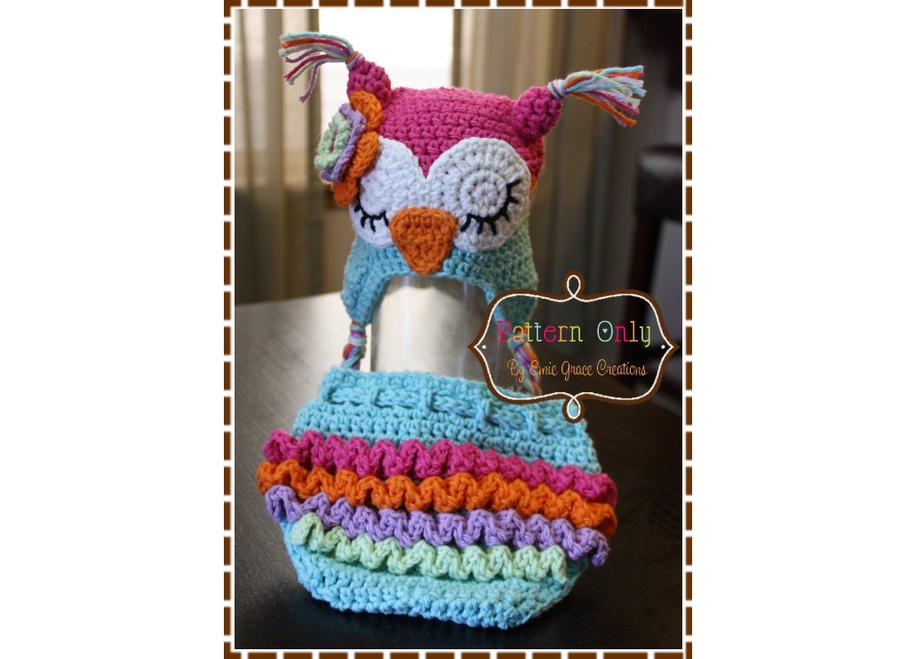Owl Hat and Ruffle Diaper Cover Crochet Pattern SET - WHO LOVES You - 130, 709