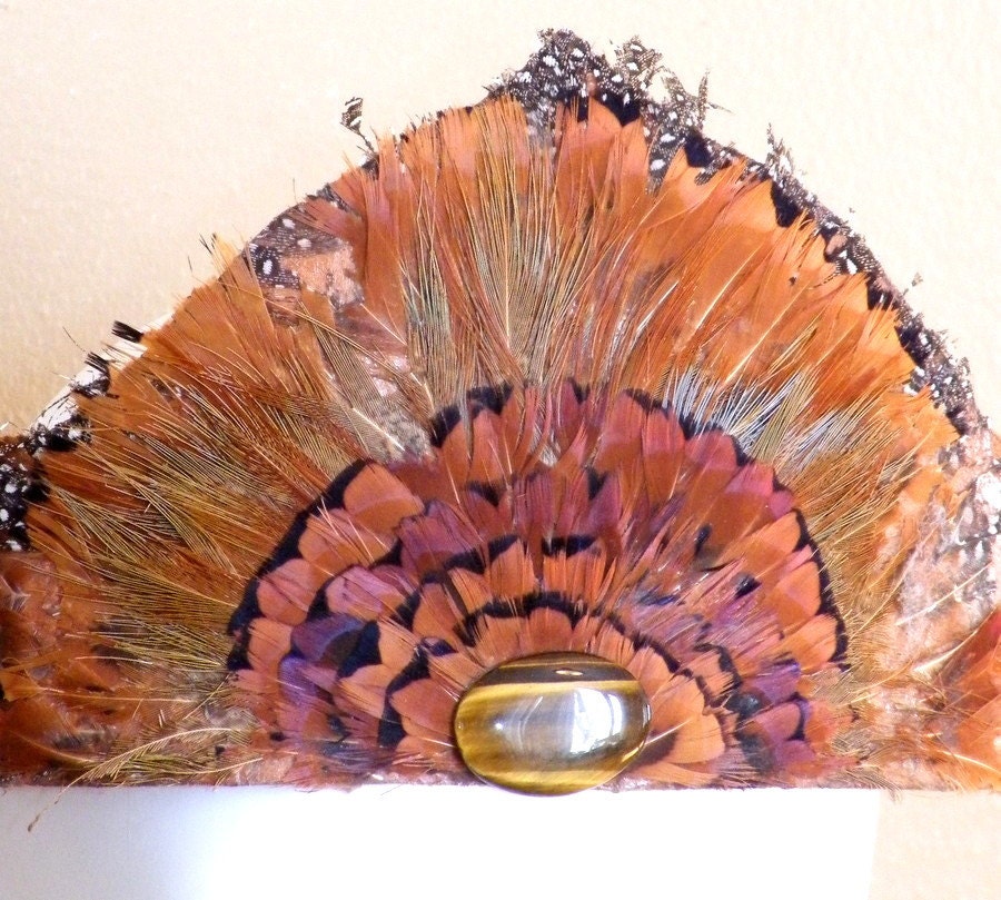 1920s Head Piece & Fan Set, Pheasant Feather 20s Flapper Bandeau Headband with Tiger Eye Gemstone and Feather Hand Fan, Rare Flapper Set
