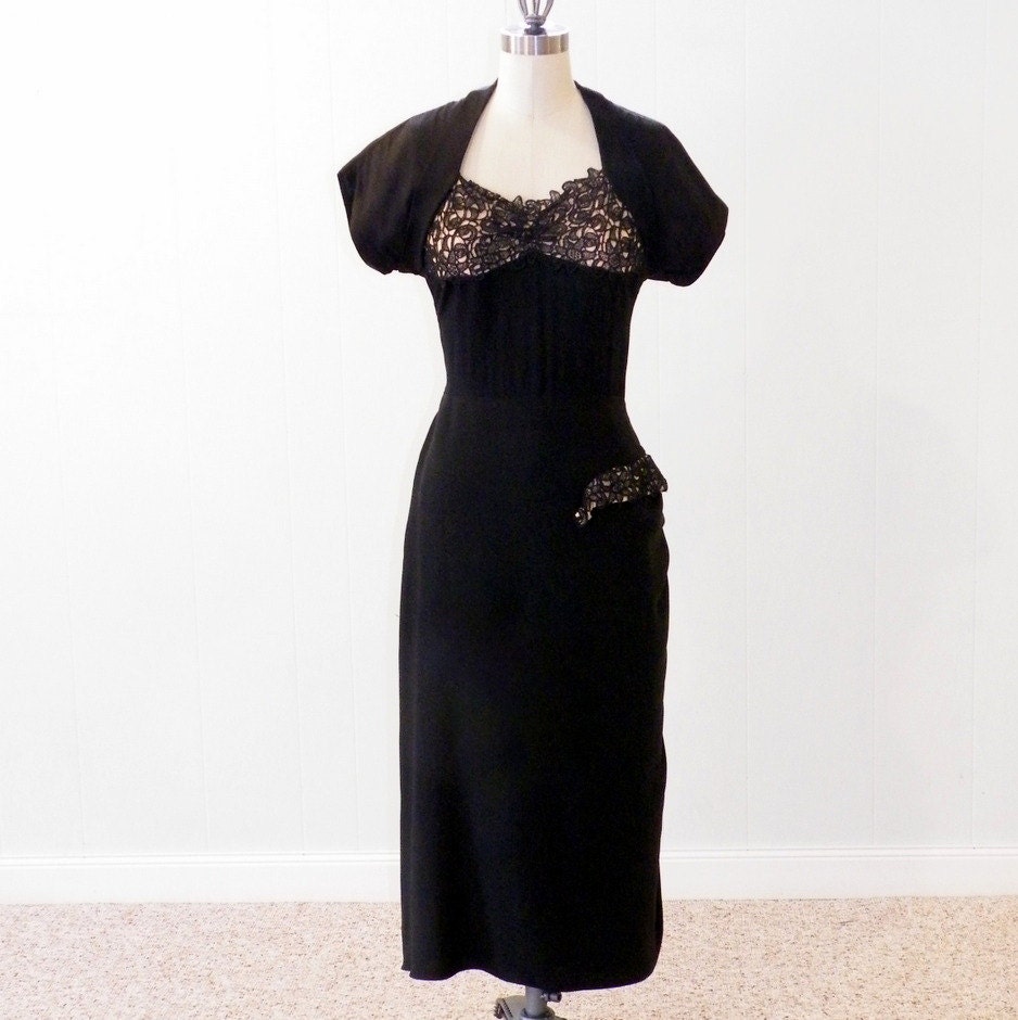 40s Cocktail Dress, 1940s Draped Bombshell Black Rayon Evening Dress, Nude Net & Crochet Lace Wrap Wiggle Skirt, Femme Fatale Dress