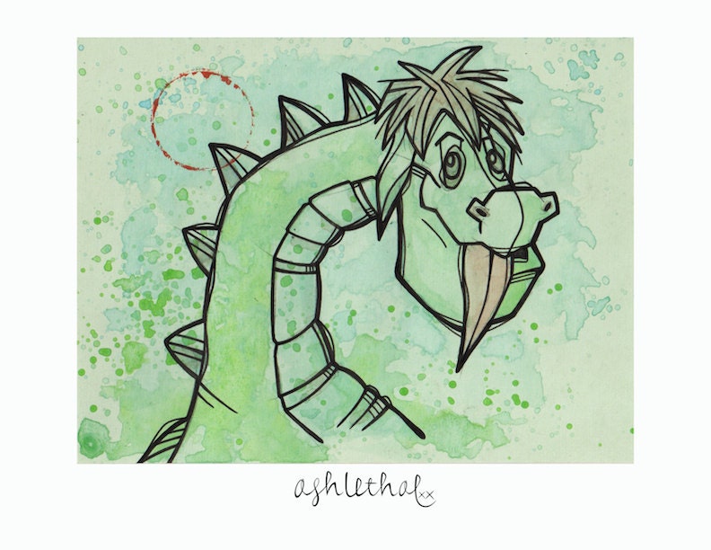 Pete's Dragon Original Mini Ink & Watercolor Drawing on Card Stock Paper