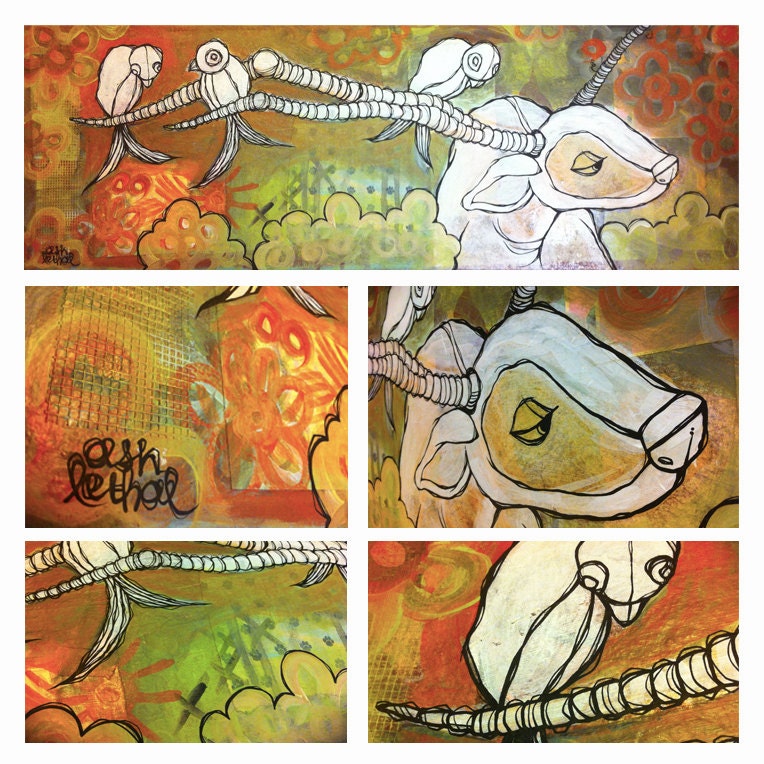 Longhorn Perches - Original Acrylic Deer & Birds Painting
