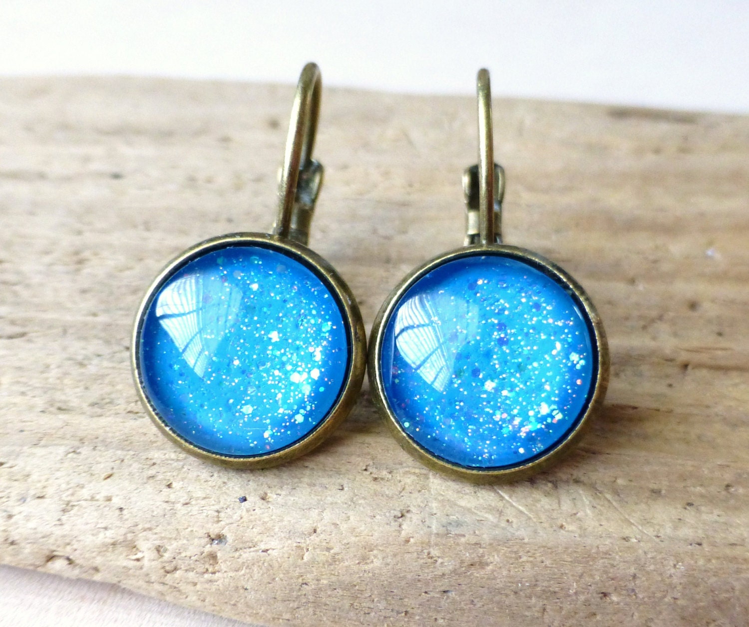 Sky Blue Glitter Earrings, Light Pastel Blue Glitter Glass Cabochon Earrings, Round Brass Leverbacks