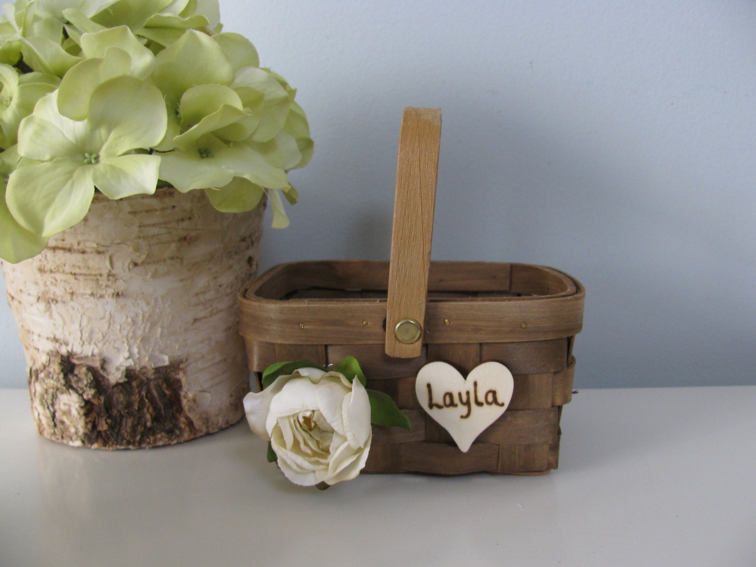 Rustic Woven Wood Personalized Flower Girl Basket with Wood or Chalkboard Tag and Your Choice of Flowers