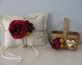 SET OF 2 Wood Woven Flower Girl Basket & Burlap Ring Bearer Pillow Personalized Chalkboard or wood Tag, Red Ranunculus, Yellow Billy Button