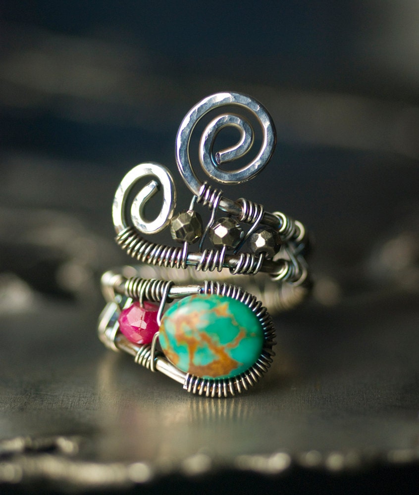 Turquoise Ruby Pyrite Sterling Silver Wirework Ring - Raspberry Red, Natural Turquoise, Statement Ring, December Birthstone - "Ruby Sky"