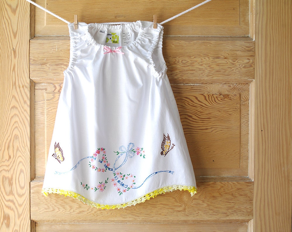 Handmade Baby Dress- 18m- Vintage Pillowcase Dress- Butterflies and Bow Embroidery- Shabby Chic Heirloom Baby Shower Gift
