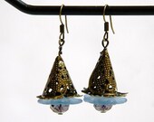 Handmade Blue Flower Earrings Brass Filigree Sapphire Antiqued
