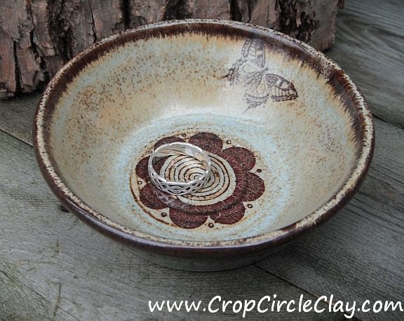Gift For Her Butterfly Daisy Ceramic Ring Bowl handthrown pottery ring holder rustic earthy robins egg brown Ceramic Trinket Dish