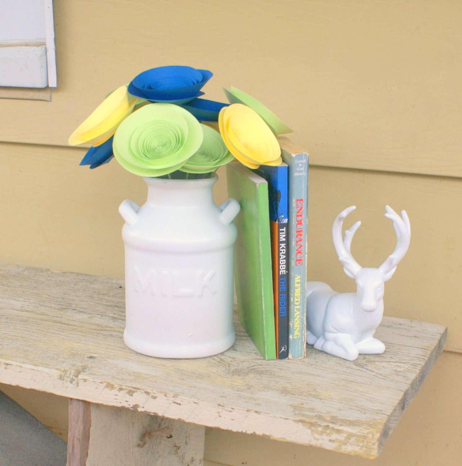 12 Large Paper Flowers in Yellow, Green, and Royal Blue, Modern Summer Centerpiece in Lemon, Spring Green, and Sodalite Blue
