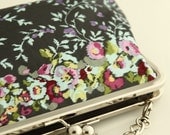 NEW Cotton sateen bridal clutch evening purse multicolour spring flowers on grey silver frame with chain