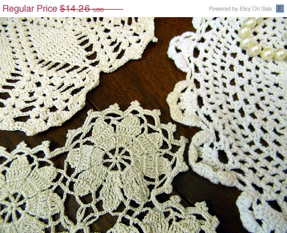 ON SALE 3 Crocheted Doilies in Shades of Ecru - Vintage Linens - 9858