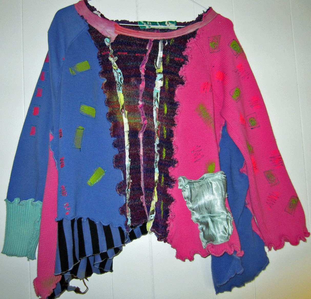 Hand painted Upcycled Pink Blue Purple sweater fits med to 1x