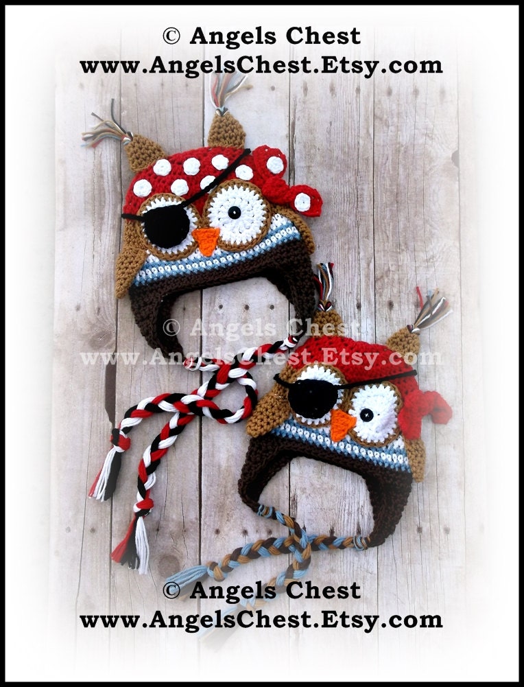 Crochet OWL PIRATE Beanie Earflap Hat PDF Pattern Sizes Newborn to Adult Boutique Design - No. 60 by AngelsChest