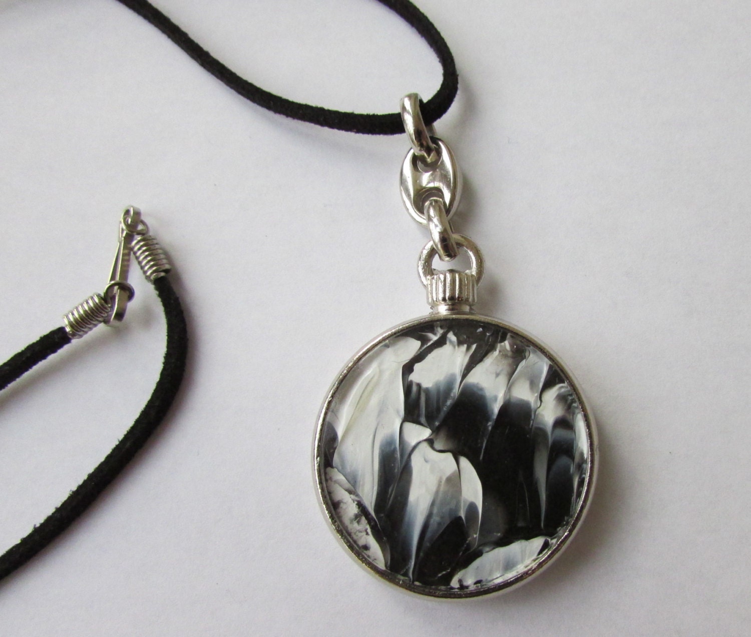 Hand Painted Black and White SilverTone Two Sided Pendant on Black Leather Chain