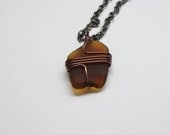 Beach Glass Necklace Brown Wire Wrapped With Gunmetal Chain Handmade
