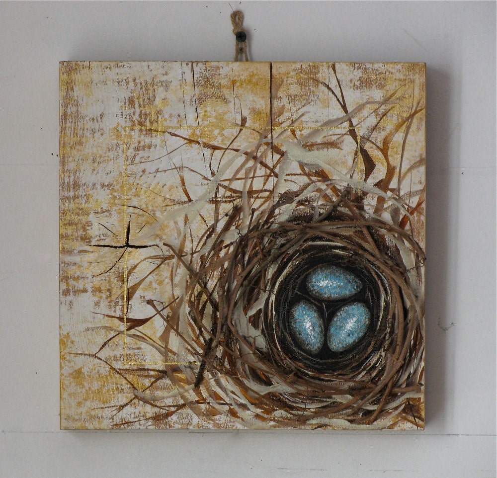 Egg & Nest original painting on reclaimed rustic solid wood