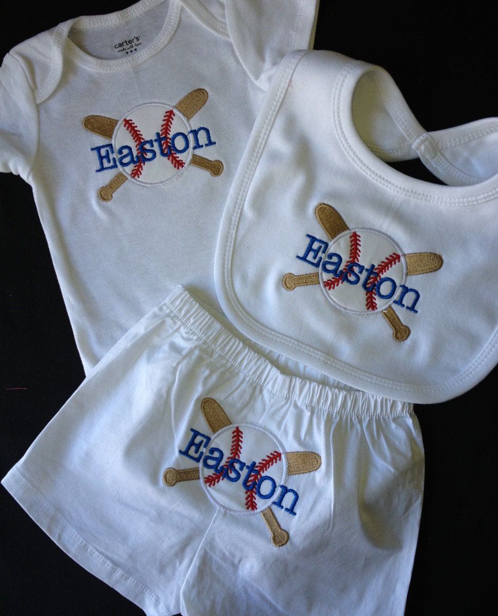 Infant Boys' Personalized Baseball Set Short Sleeve Onesie, Bib and Boxer Shorts
