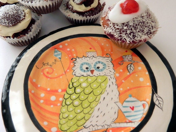 Owl Plate,Cake Plate, Owl Pottery,
