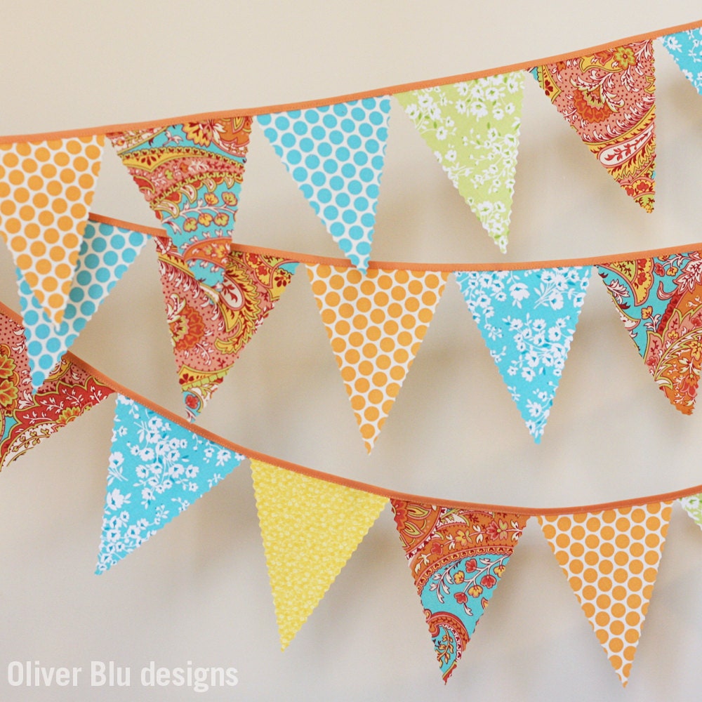 Mini pennant fabric banner - bunting in orange and turquoise prints - room decor or photo prop