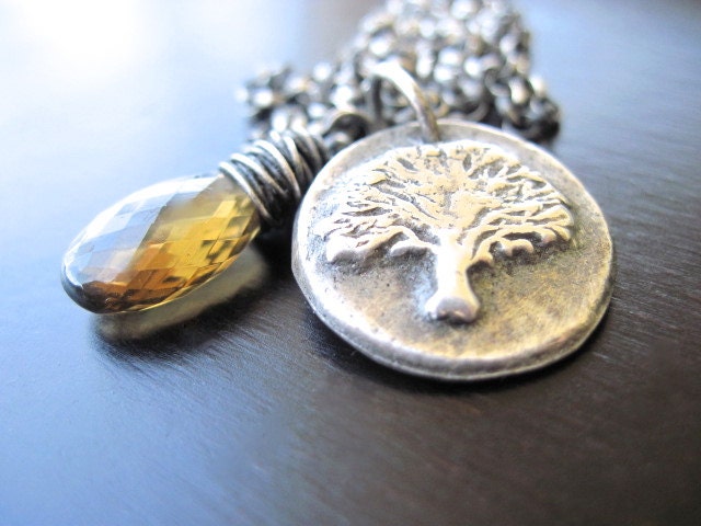 Cognac Quartz Necklace, Oxidized Fine Silver Tree of Life