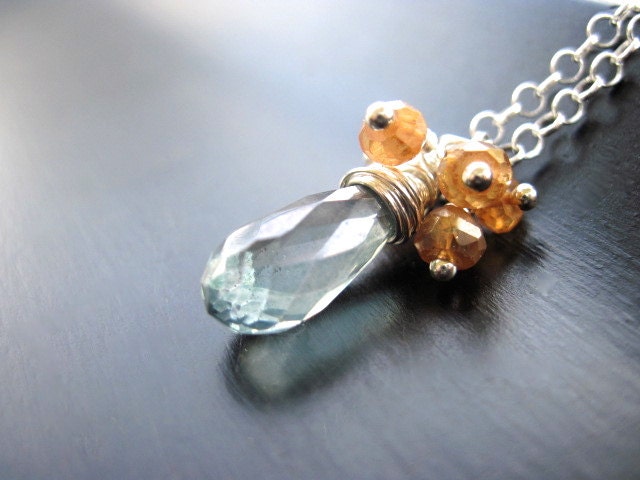 Teardrop Mystic Green Quartz Necklace, Sterling Silver, Citrine Rondelle Cluster