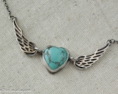 Winged Heart Necklace, Turquoise, Sterling Silver