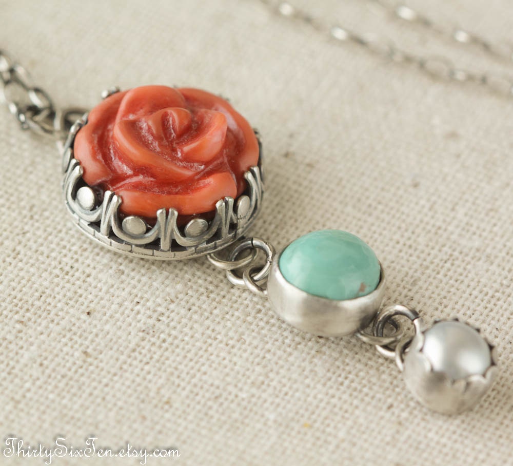 Cowgirl Country Chic Necklace, Turquoise, Carved Rose, Pearl