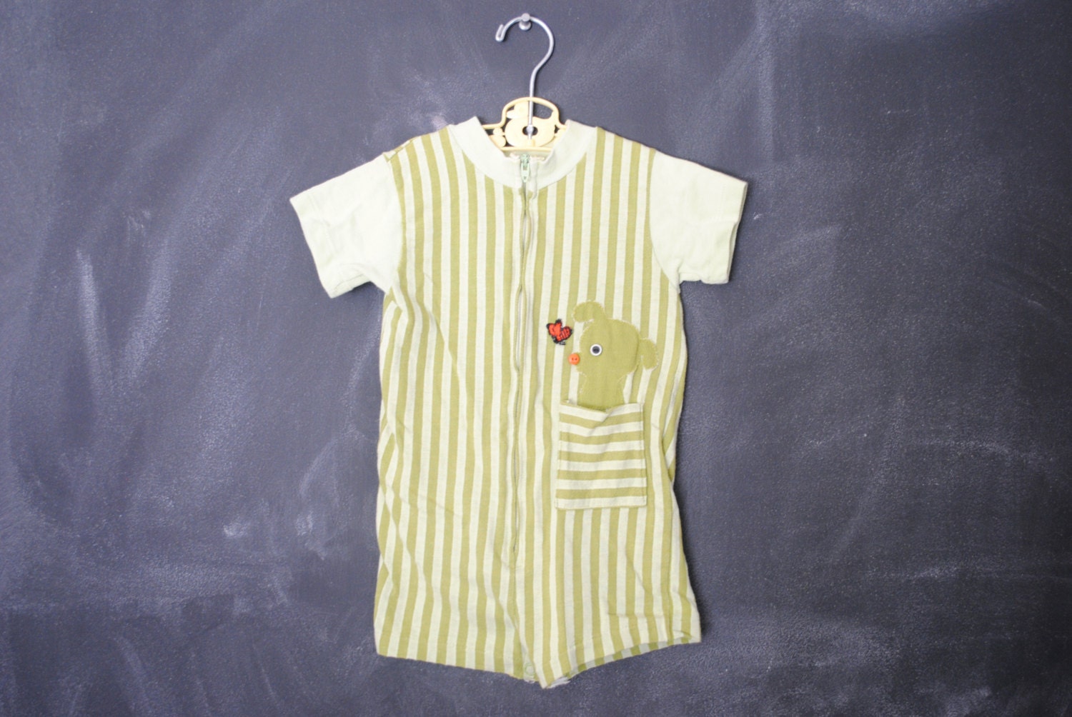 Vintage Carters Green Striped puppy romper 3-6 months