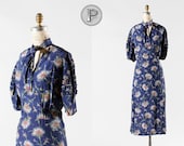 1930s dress large / 30s hand-painted style dress : Moonlight