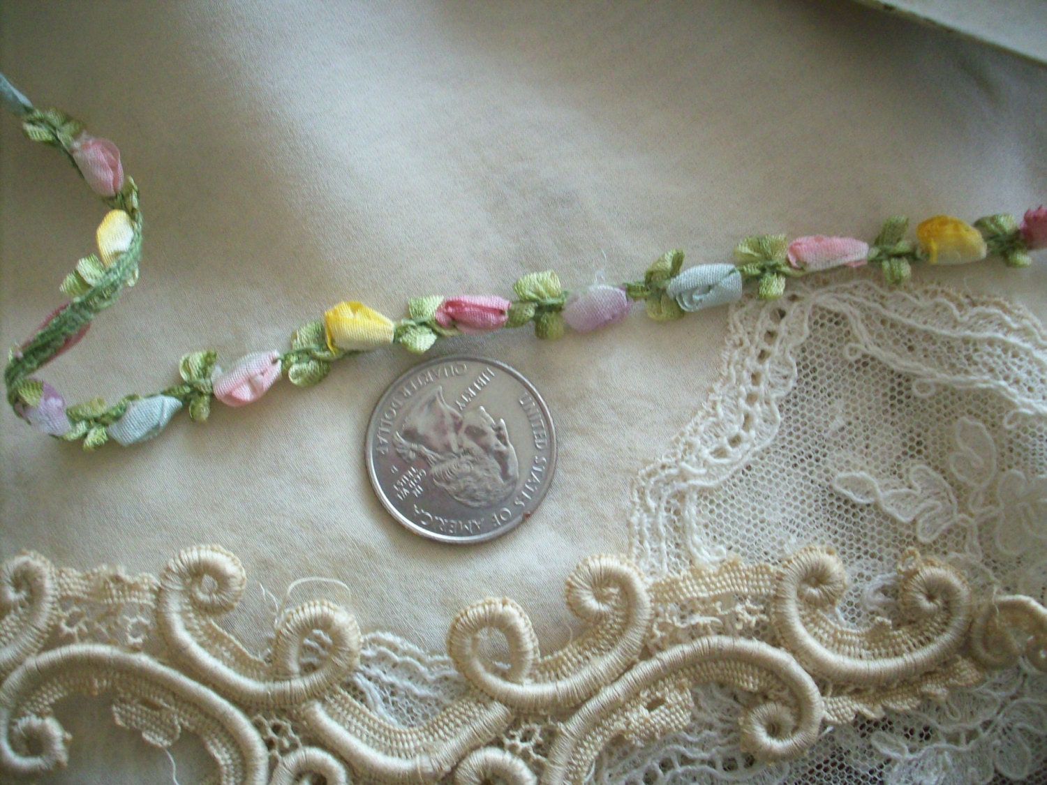 1 foot of this wonderful ribbon work in perfect unused silk garland in beautiful colors