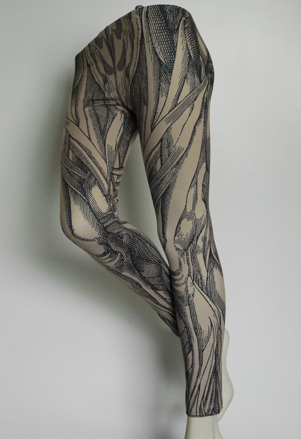Anatomical Leggings - Hand Printed Vintage Medical Illustrations of Muscle Structure - Tan