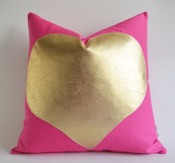Sukan / Gold Heart Pink Cotton Canvas Pillow Cover - Pink Pillow - Cushion Cover - Decorative Pillow - Accent Pillow - Heart Pillows