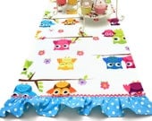 Owls Patterned Table Runner, Blue- White Polka Dots Frilled, Linned, Spring, Easter Themes