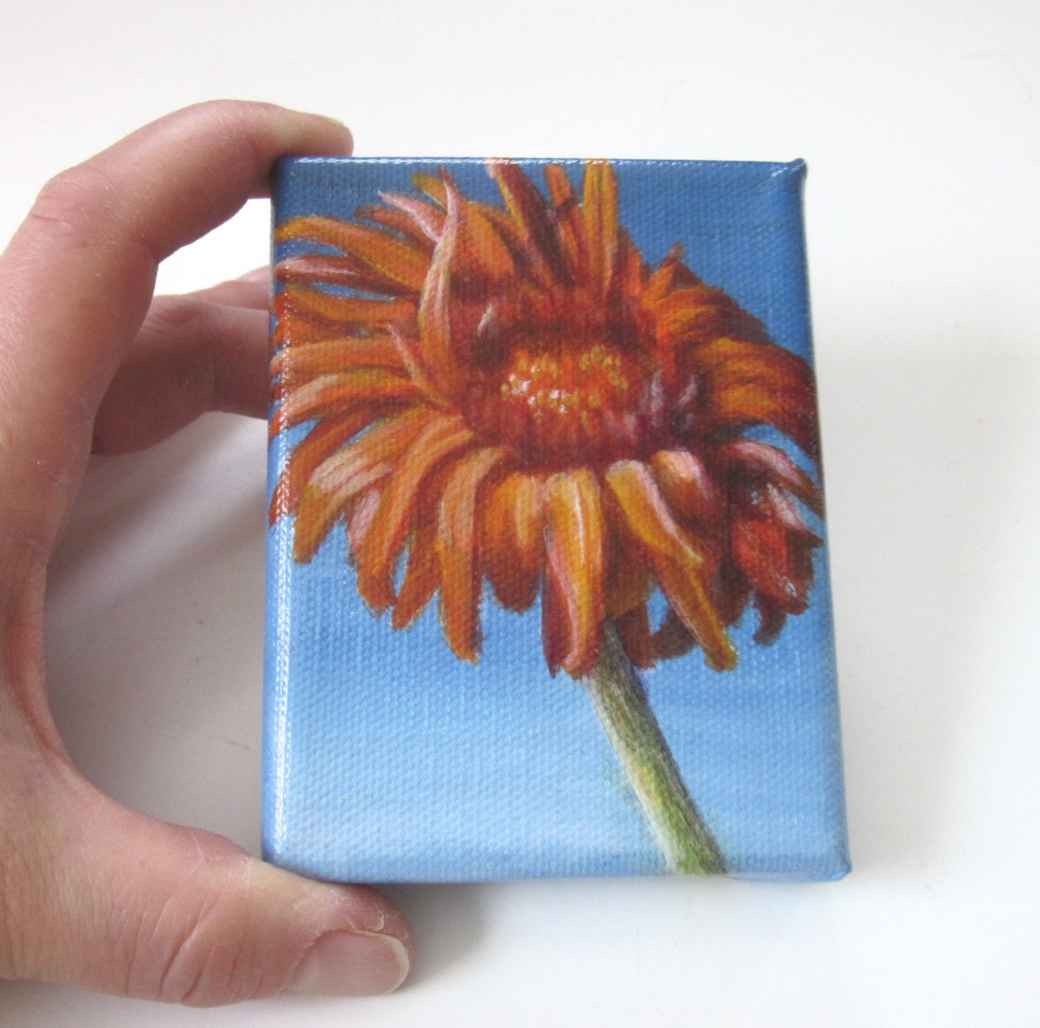 Small Acrylic Floral Painting - Flower Still Life in Orange and Blue
