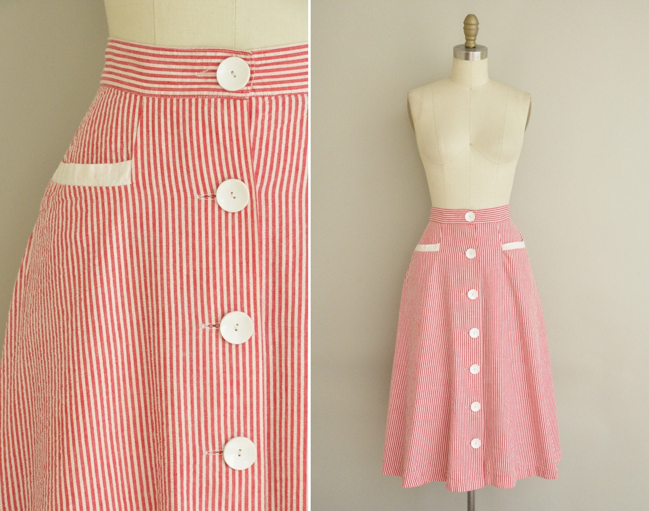 vintage 1940s skirt / 40s pinstripe cotton dress / 1940s high waist skirt