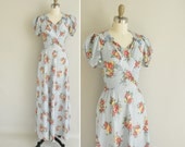 vintage 1930s dress / 30s floral cotton gown/ 1930s rare bias cut cotton dress
