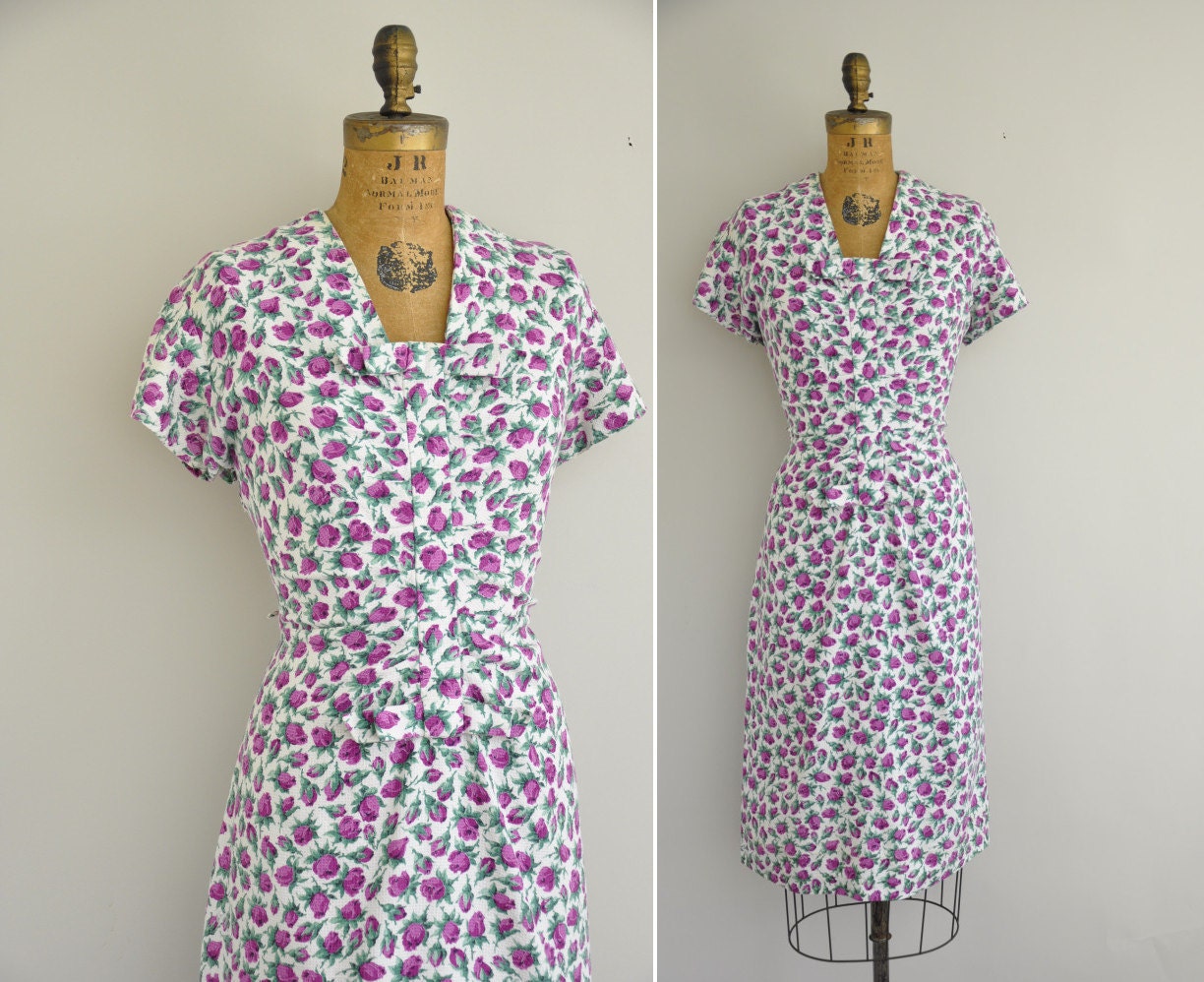 vintage 50s dress / 50s darling rare bow tie  purple floral dress / 1950s cocktail dress