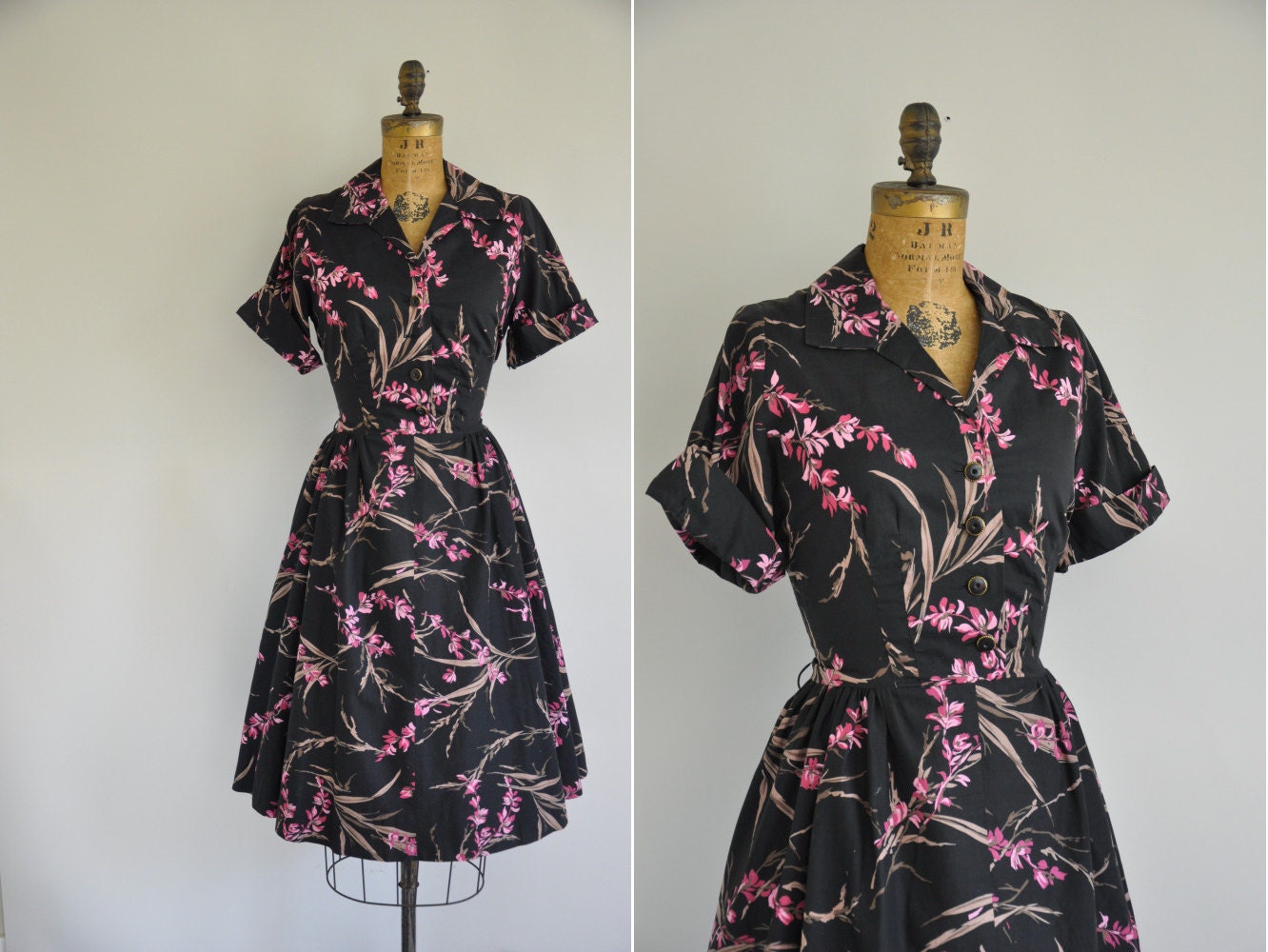 50s dress / vintage 1950s pink and black floral print dress / 50s black cotton shirt dress