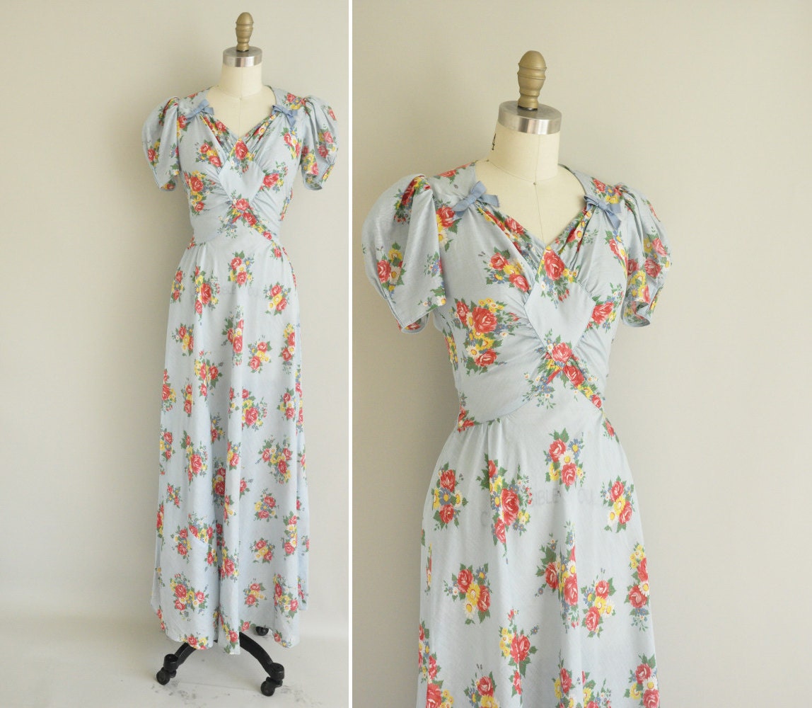 vintage 1930s dress / 30s floral cotton gown/ 1930s rare bias cut cotton dress