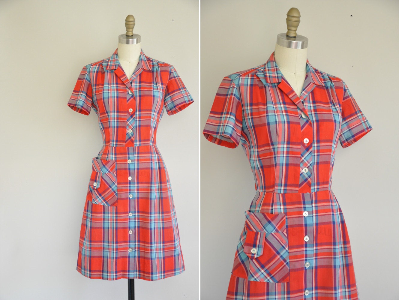 vintage 1960s dress / 60s red plaid cotton dress / 60s Out West summer dress