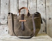 Waxed Canvas Tote: Truffle, antique military leather, antique fabric pocket.