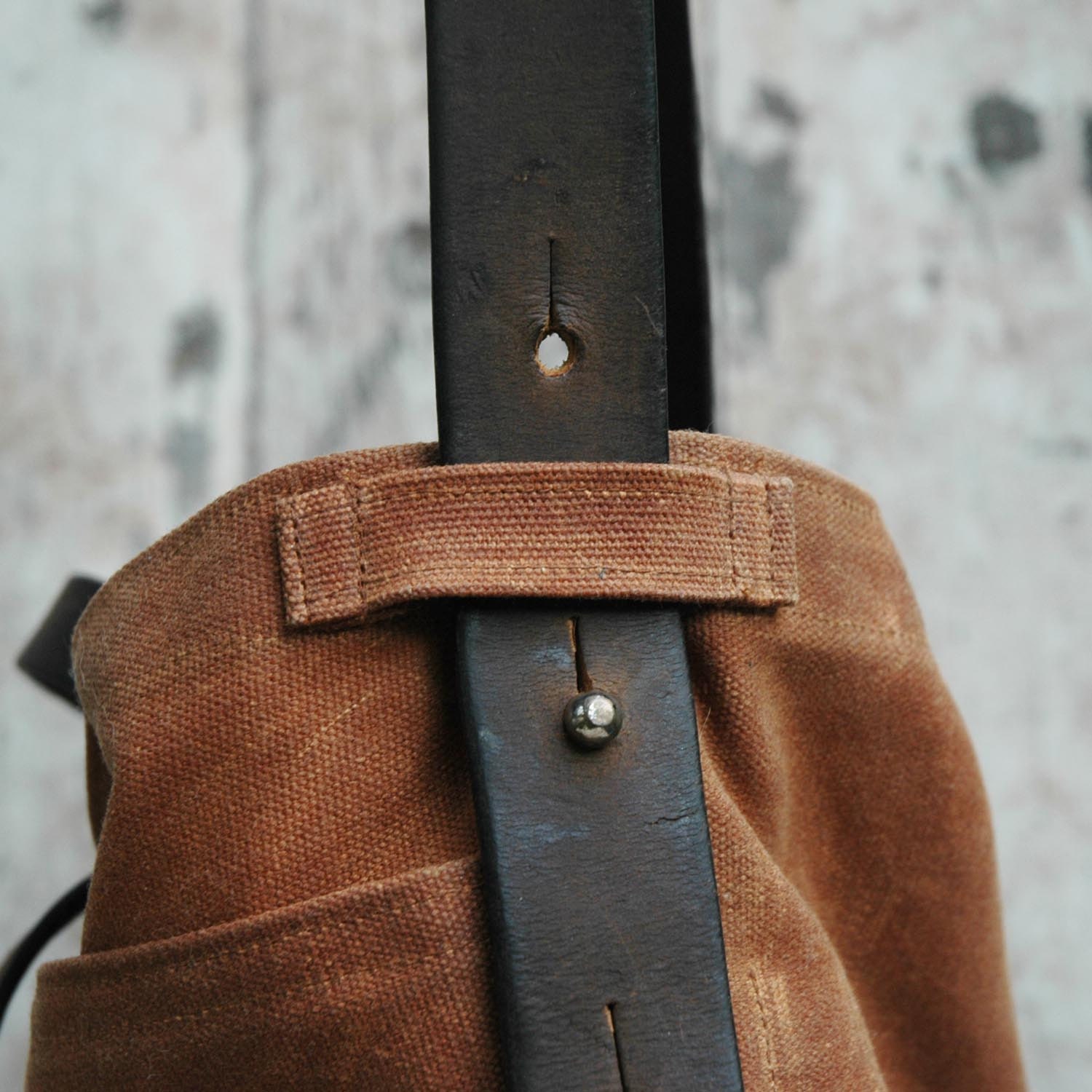Waxed Canvas Tote: Spice, antique military leather, antique fabric pocket.